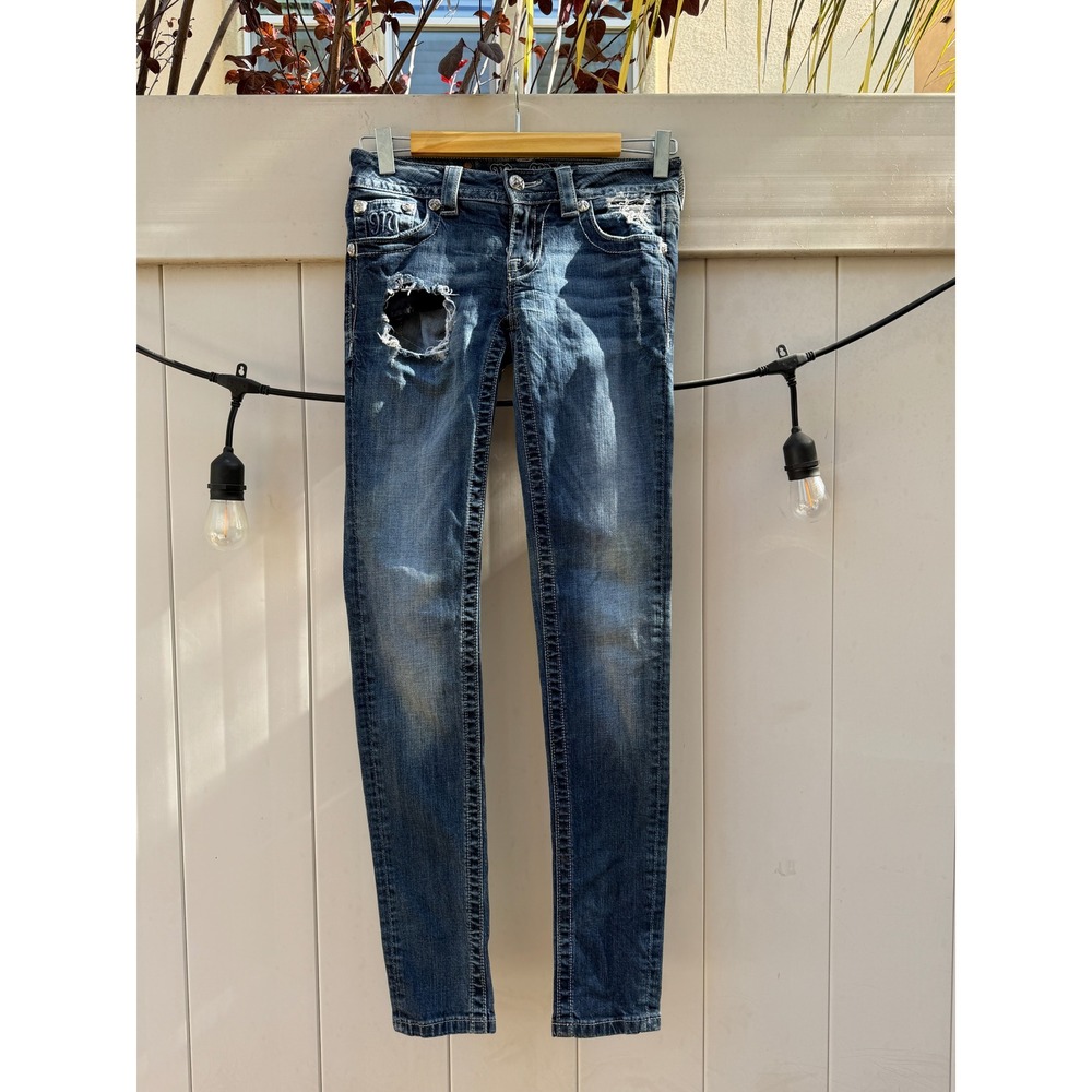 Miss Me Skinny Jeans Medium Wash Distressed Flap Pocket JE806153R Womens 27